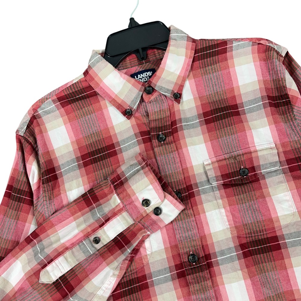 Lands End Traditional Plaid Button Down Shirt Long Sleeve Cotton Stretch M Mens